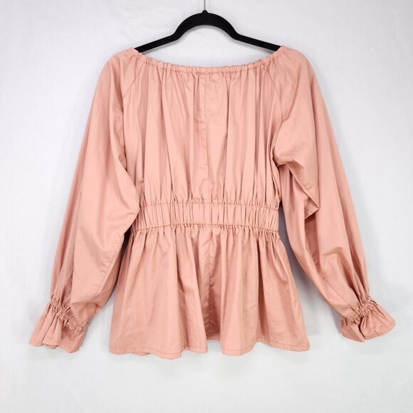 Eliza Faulkner Peasant Top Size Small Shirred Waist Balloon Sleeve Salmon - Picture 2 of 11